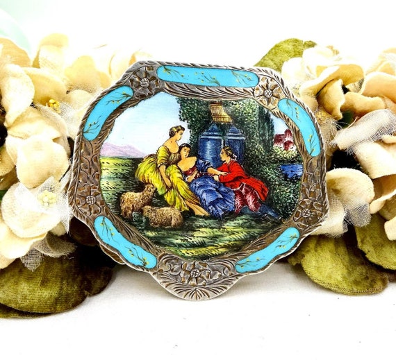 Vintage 800 SILVER ENAMEL COMPACT Italy Garden Co… - image 1