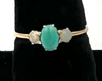 Antique VICTORIAN GOLD RING 14K Yellow Gold Turquoise Opal Pinky Midi Ring Sz 4 3/4 E547