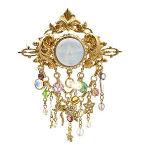 Vintage Kirks Folly Gold Tone Seaview Moon Face Rhinestone Mystical Charms Pin Brooch