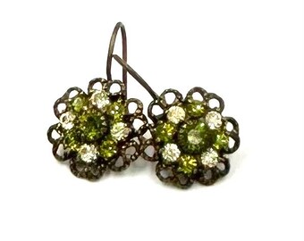 KENNY MA EARRINGS Swarovski Crystal Clear & Peridot Green Fish Hook Earrings Vintage