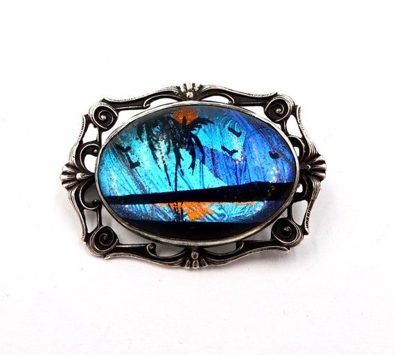 MORPHO PIN BROOCH Sterling Silver Island Scene Butterfly Wing