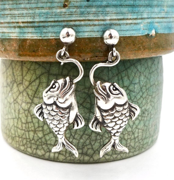 TAXCO FISH EARRINGS Sterling Silver Dangle Puffy … - image 1