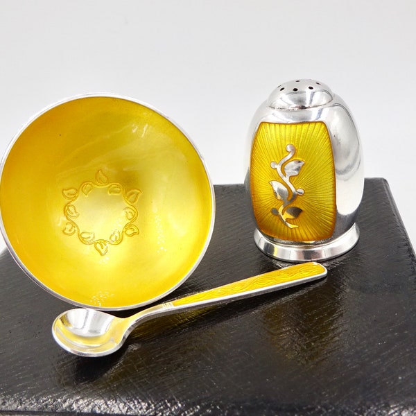 DENMARK SALT CELLAR Spoon Pepper Shaker Set Sterling Silver Sun Flower Yellow Guilloche Enamel Salt Dip Set Volmer Bahner Mid Century Modern