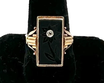 Antique DIAMOND ONYX RING 10K Yellow Gold Diamond Carved Flower Floral Size 7 3/4 Art Deco Era E539