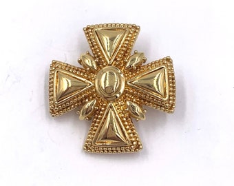 Vintage ST. JOHN BROOCH Pin 1980's Gold Tone Saint John Logo Maltese Cross