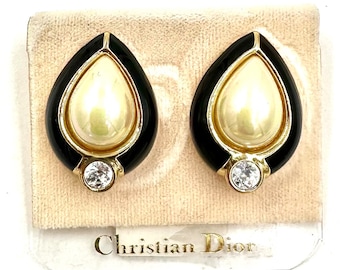 CHRISTIAN DIOR EARRINGS Gold Plated Faux Pearl Clear Rhinestone Black Enamel Clip On New Old Stock Vintage 1980's