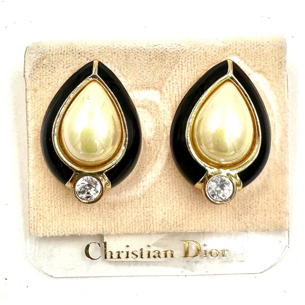 CHRISTIAN DIOR EARRINGS Gold Plated Faux Pearl Clear Rhinestone Black Enamel Clip On New Old Stock Vintage 1980's