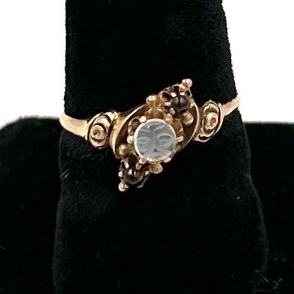 Antique VICTORIAN 14K ROSE GOLD Ring Moon Face Carved Rock Crystal & Garnets Sz 6 1/2 Vintage E549