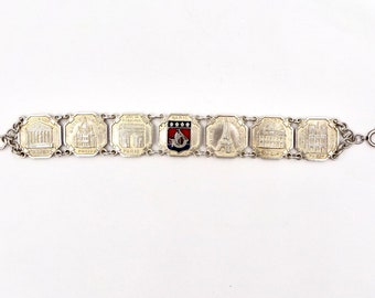 Vintage PARIS FRANCE BRACELET French Silver Tone Enamel Linked Panel Travel Souvenir Bracelet E377