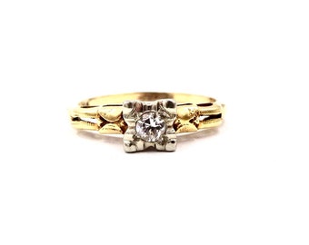 VINTAGE DIAMOND RING 14K Yellow & White Gold Solitaire Diamond Engagement Ring Sz 4 Art Deco Era E256