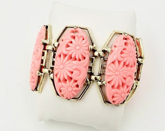 PINK FLOWER BRACELET Mod Groovy Carved Plastic Floral Panel Link Bracelet Selro Celini Vintage