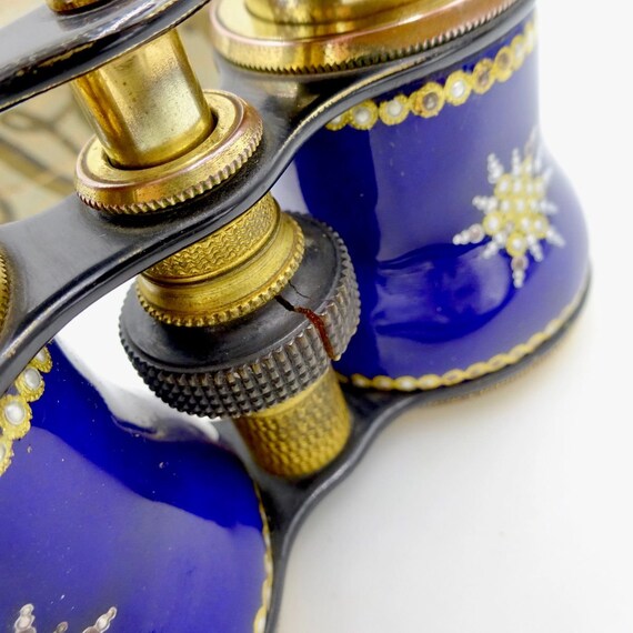 Antique Victorian Opera Glasses: Cobalt Blue Enamel, Brass