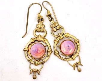 Vintage J.M PARIS EARRINGS France Pink Art Glass Gilt Brass Dangle Earrings Fabulous French Costume Jewelry Vintage