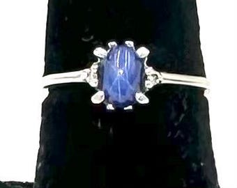 Vintage BLUE STAR SAPPHIRE Diamond Ring 10K White Gold Art Deco Sz 4 1/4