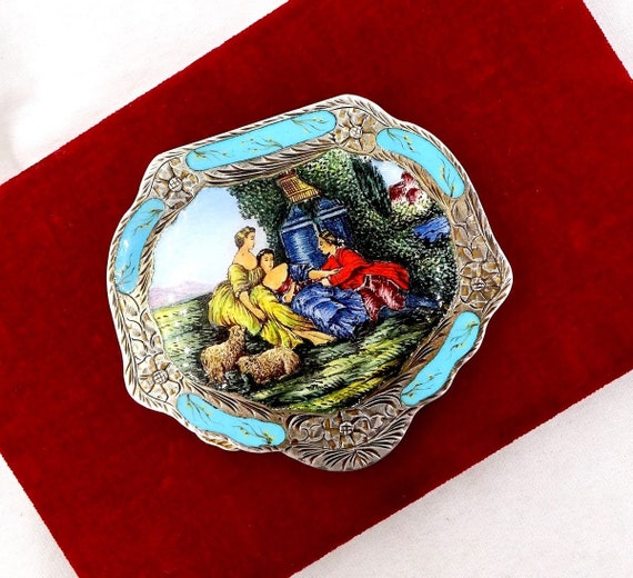 Vintage 800 SILVER ENAMEL COMPACT Italy Garden Co… - image 2