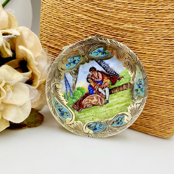 Gilt 800 SILVER ENAMEL COMPACT Italy Enamel Courting Scene Snuff Box Patch Box Powder Compact Vintage Antique