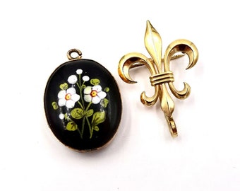 VICTORIAN FLORAL PENDANT Painted Glass Gold Filled Fleur De Lis Watch Pin E106
