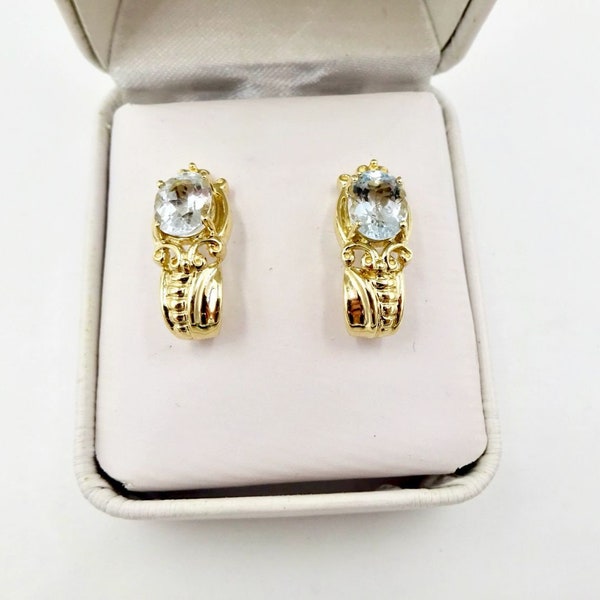 Vintage 10k GOLD AQUAMARINE EARRINGS 10k Yellow Gold 1 Carat Aquamarine Stud Earrings