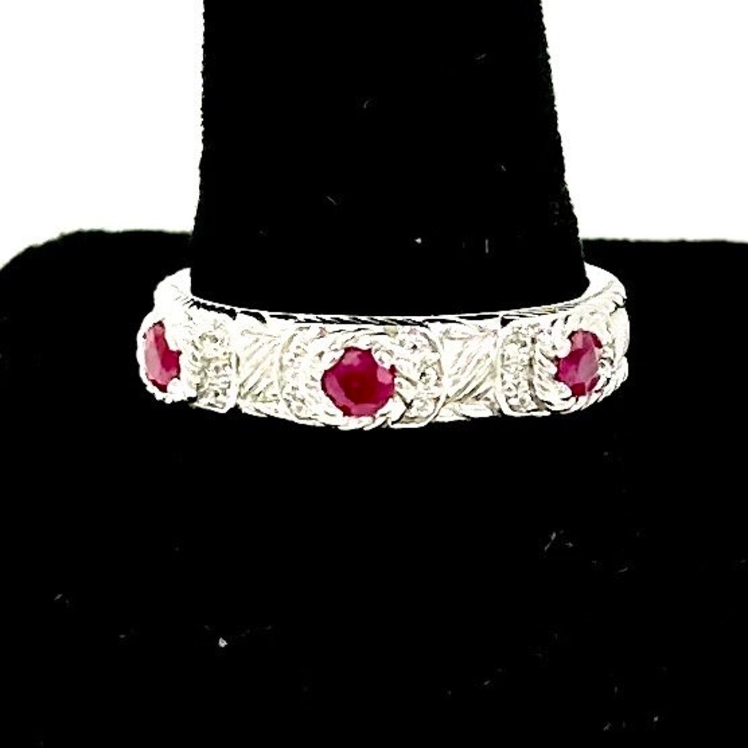 JUDITH RIPKA RING Sterling Silver Triple Ruby Diamonique Cubic