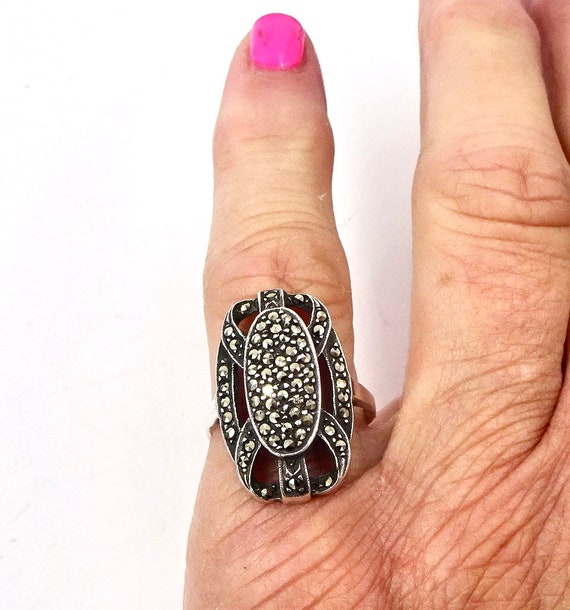 Vintage ART DECO RING Sterling Silver Shiny Marcasite Ring