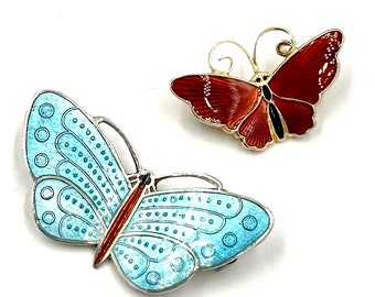 Vintage Enamel Butterfly Brooches: Sterling Silver Guilloche Pins, David Andersen Thailand E533