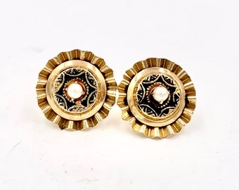 Vintage PEARL EARRINGS 10k Yellow Gold 3 mm Cultured Pearls Black Enamel Post Stud Earrings Antique Victorian Style