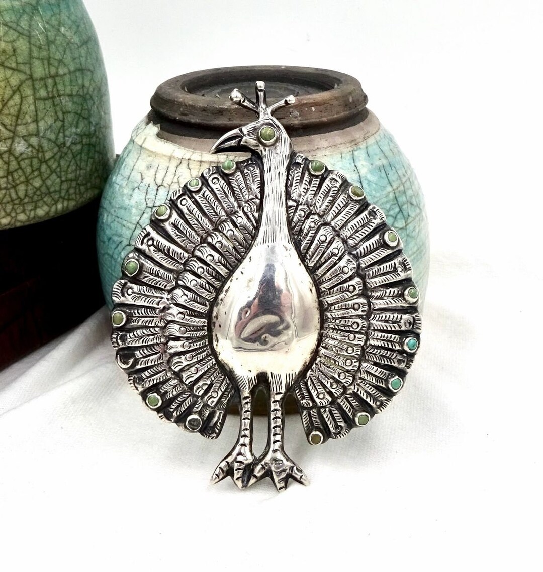 antique-sterling-silver-pin-brooch-turquoise-peacock-turkey-bird-taxco