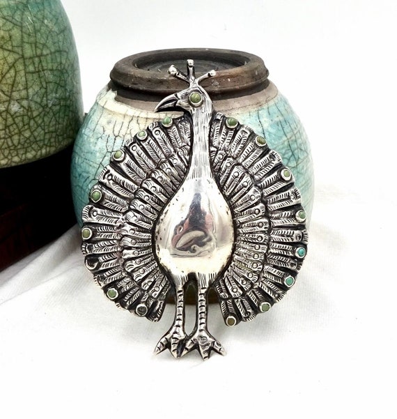 Antique STERLING SILVER PIN Brooch Turquoise Peaco