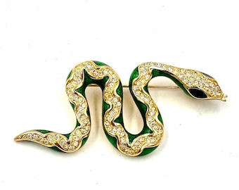 CHRISTIAN DIOR BROOCH Pin Gold Plated Clear Rhinestone Green Enamel Garden Snake