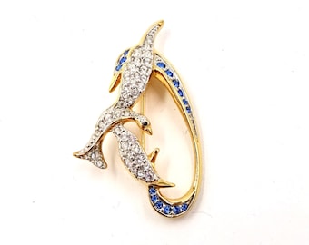 Vintage FREEDOM DOVE PIN Brooch Gold Tone Blue & Clear Swarovski Crystals Bird in Flight Swan Mark