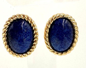 CHRISTIAN DIOR EARRINGS Gold Plated Faux Blue Lapis Clip on Earrings