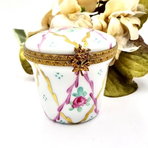 LIMOGES TRINKET BOX - Rochard France - Hand Painted Pink Cabbage Roses Porcelain - Vintage