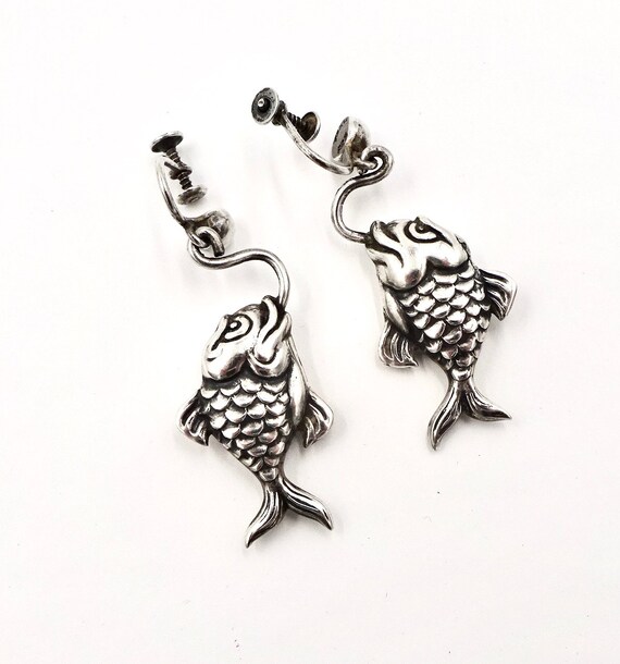 TAXCO FISH EARRINGS Sterling Silver Dangle Puffy … - image 5