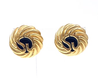 Vintage ST. JOHN Earrings: Gold Plated Logo Clip Ons, 1980s