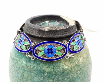 PULSERA DE ESMALTE EUROPEO Pulsera de eslabones con paneles florales azules de plata de ley estilo antiguo vintage