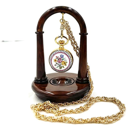 Halcyon Days POCKET WATCH NECKLACE Pendant on Stand Gold Enamel