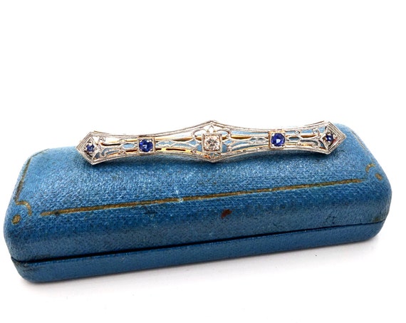 Estate SAPPHIRE BAR PIN Brooch 14K Gold Platinum White and Blue