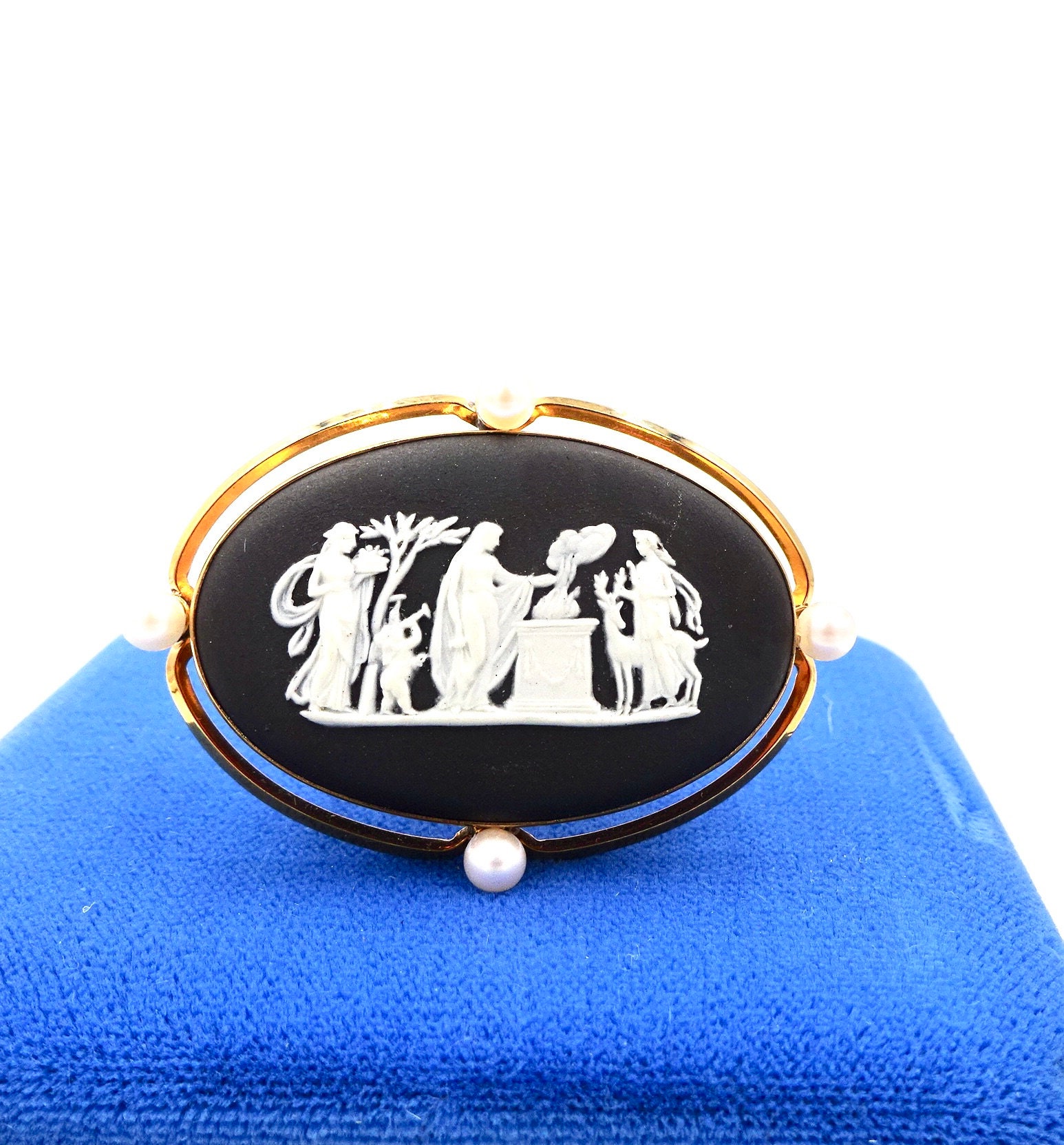 Vintage WEDGWOOD PIN BROOCH Van-Dell 12K Gold Filled Cultured Pearl Basalt Black Jasper-Ware Original Box E453