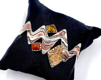 Vintage STERLING SILVER CUFF Bracelet Mixed Metals Coral, Jasper, Tigers Eye Gemstone Carolyn Pollack Relios Southwestern Native American