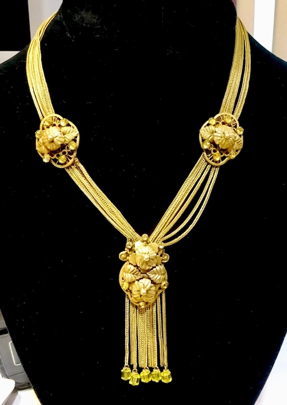 Antique PINCHBECK GOLD NECKLACE Yellow Czech Glass 6 Strand