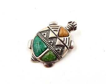Vintage CAROLYN POLLACK PENDANT Pin  Brooch Sterling Silver Inlaid Turquoise Turtle Pin Pendant Southwestern Relios