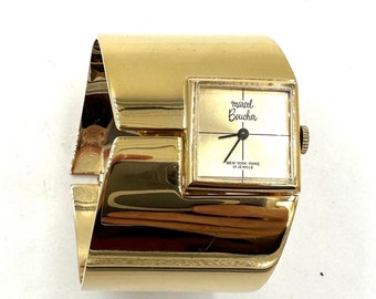 Vintage MARCEL BOUCHER WATCH Mod Gold Plated Chunky Hinged Cuff Style Mid Century Modern 17 Jewels