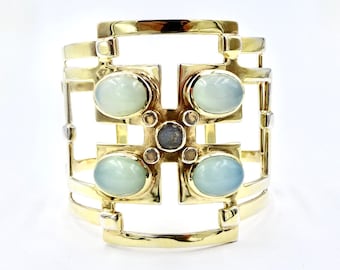 JULIE VOS CUFF Bracelet Calypso Chalcedony & Labradorite Gemstone 24K Gold Plated Vintage