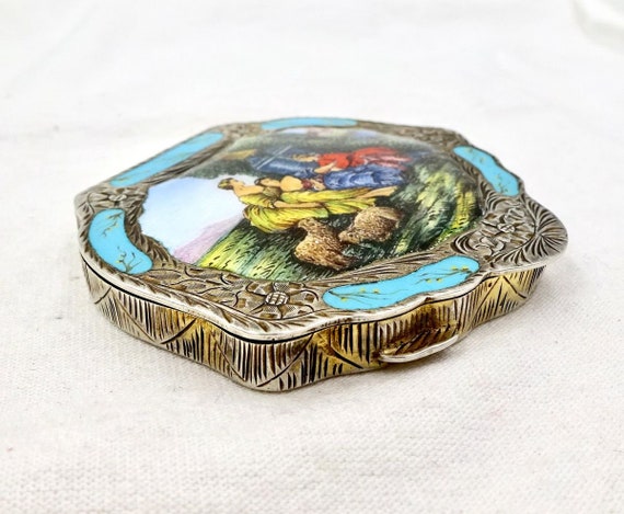 Vintage 800 SILVER ENAMEL COMPACT Italy Garden Co… - image 5