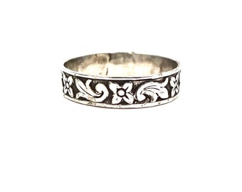 Vintage STERLING SILVER RING Floral Leaf Stack Ring Cigar Band Sz 6 3/4 Retro Mid Century 1960's Floral E371