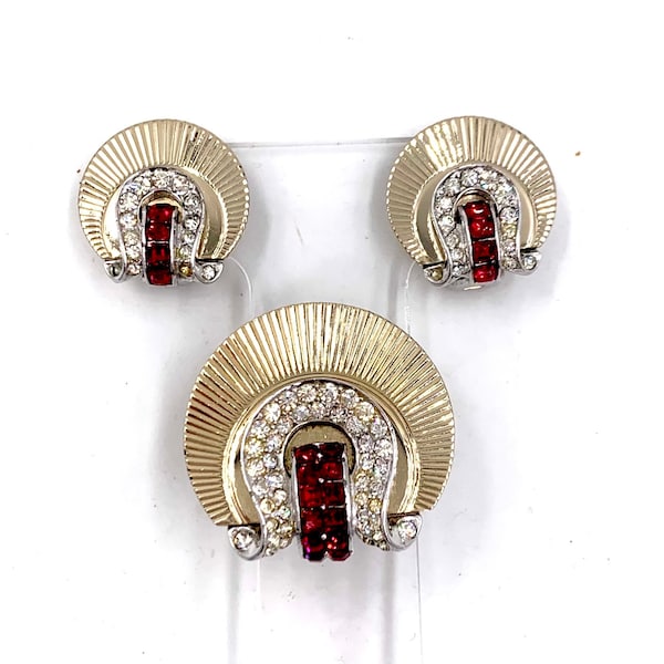 Vintage CIRO JEWELRY SET Art Deco Era Oro Tono Rojo Claro Rhinestone Clip en Pendientes &Piel Clip Pin Broche E514