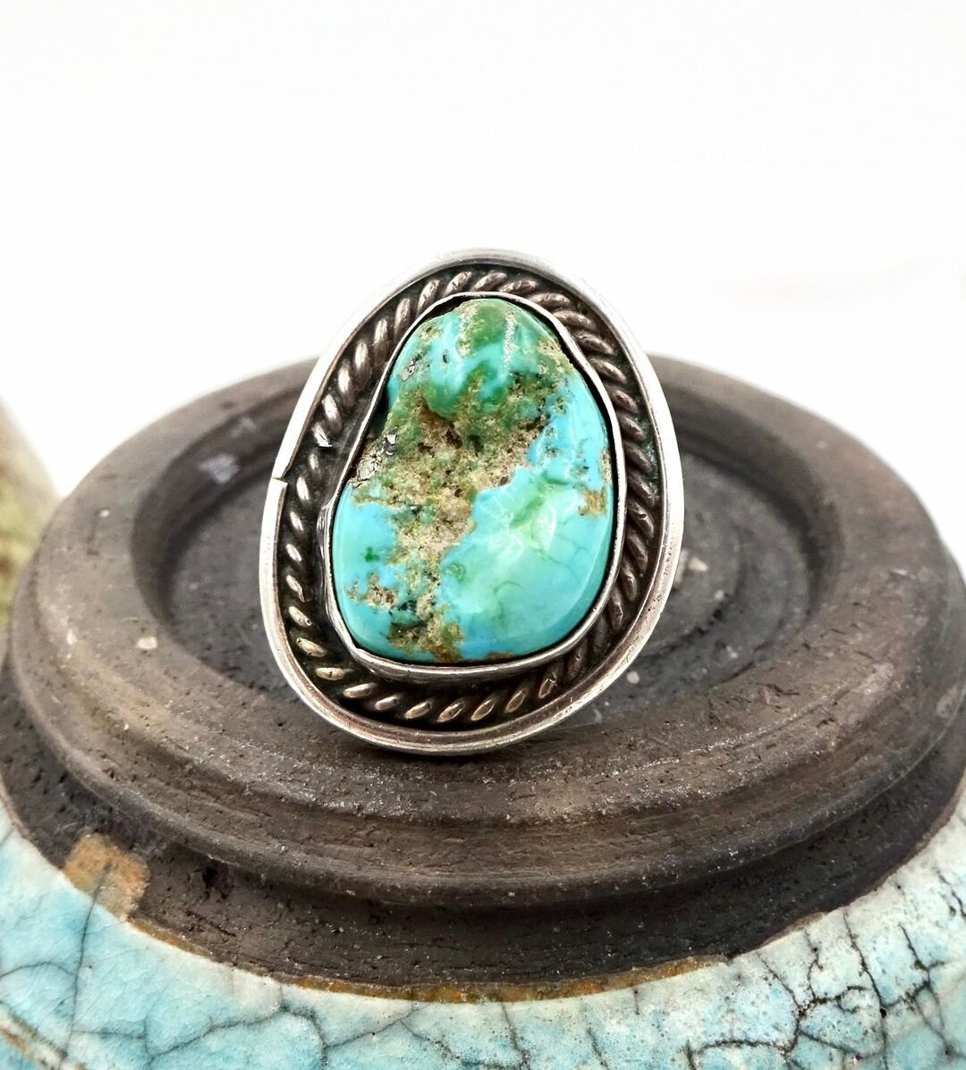 TURQUOISE NUGGET RING Sterling Silver Navajo Native American Sz 8