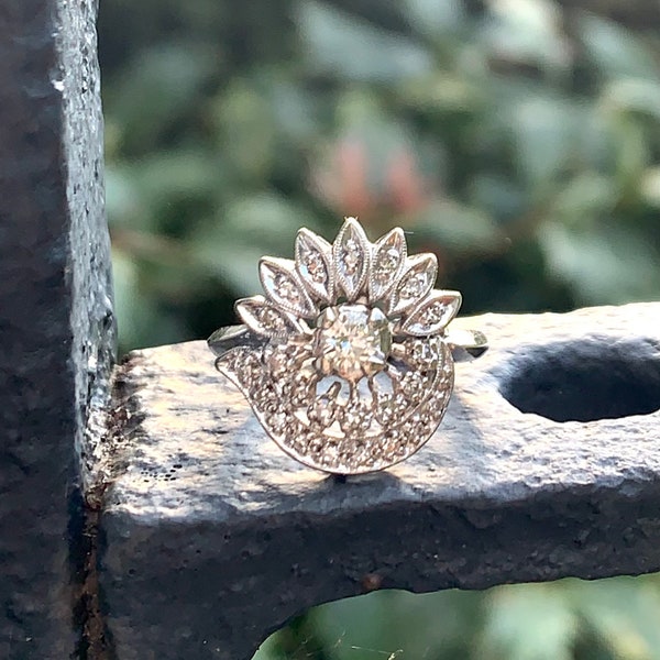 Art Deco 14K GOLD DIAMOND White Gold Cocktail Cluster Ring Sz 4 Antique Vintage