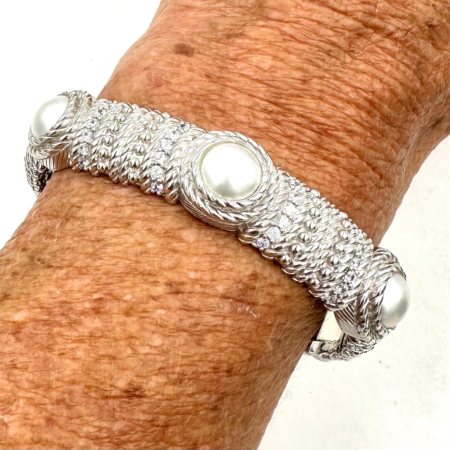 JUDITH RIPKA CUFF Bracelet Sterling Silver Cz Triple Pearl