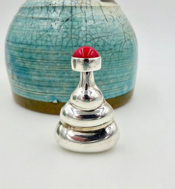 Vintage STERLING PERFUME BOTTLE Taxco Mexico Red Cabochon Stone Perfume Flask